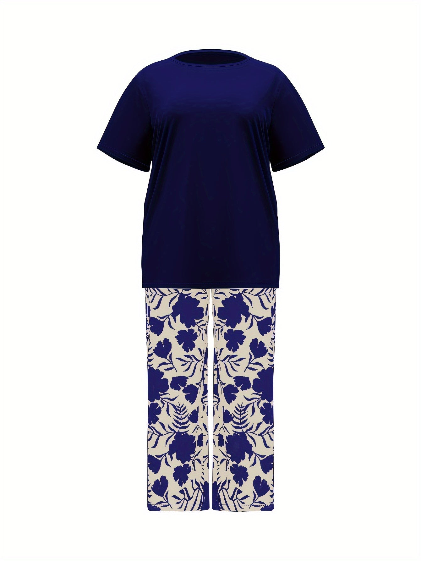Plus Size Women's Botanical Print Two-Piece Set- Round Neck Tops with Random Floral Print Wide Leg Pants Featuring Pockets, Perfect for Spring and Summer Casual or Stylish Outfits