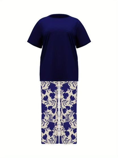 Plus Size Women's Botanical Print Two-Piece Set- Round Neck Tops with Random Floral Print Wide Leg Pants Featuring Pockets, Perfect for Spring and Summer Casual or Stylish Outfits