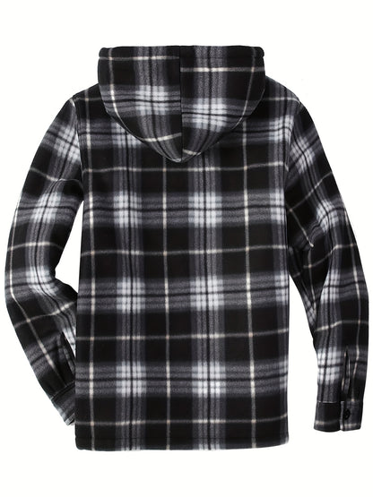 Men's Heavyweight Sweater Hooded Jacket - Full Zip Thick Snow Mountain Lined Flannel Plaid Shirt with Pockets, Casual Style, Perfect for Autumn and Winter, Hooded Collar, Regular Fit, Plaid Pattern, Men's Jacket