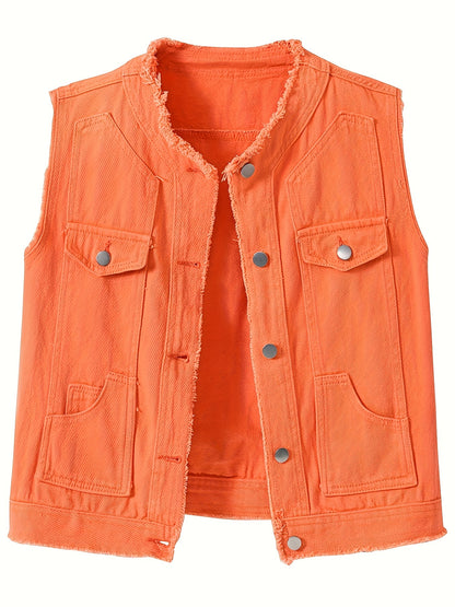 Women's Candy Color Sleeveless Denim Vest Button Jean Waistcoat Collarless Jacket Tassel Design Vest for Women