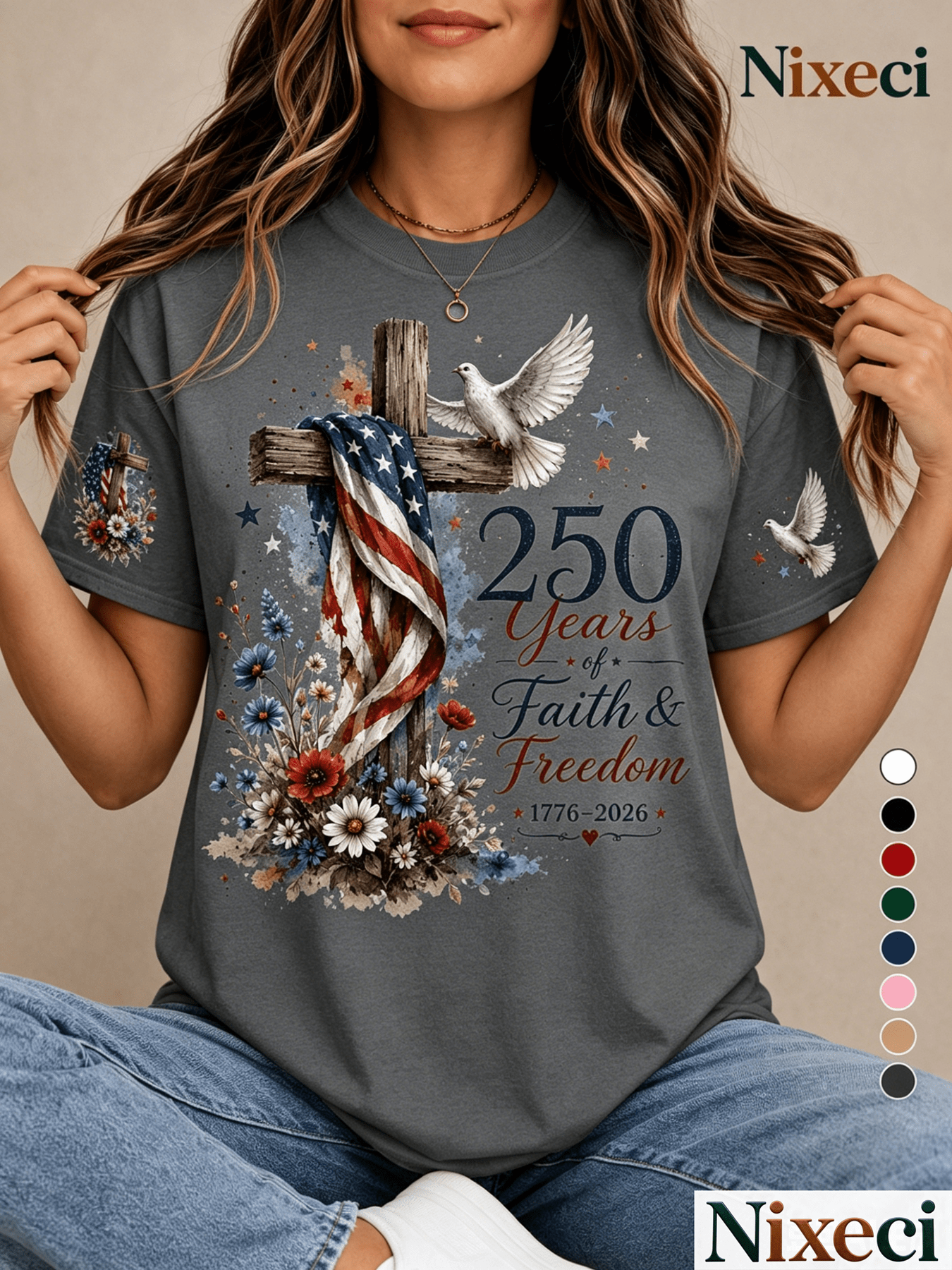 Women'S Fashion T-Shirt with Wooden Cross Flag Dove Flower And Star Print, Summer Casual Vacation Loose Fit Short Sleeve Top