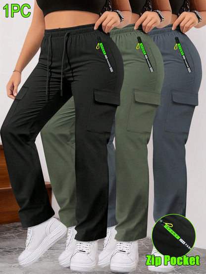 Women'S Spring/Autumn Zipper Pocket Cargo Pants, Fashionable Large Pocket Design, Drawstring Elastic Waist, Casual Outdoor/Daily Wear Slim Fit Trousers