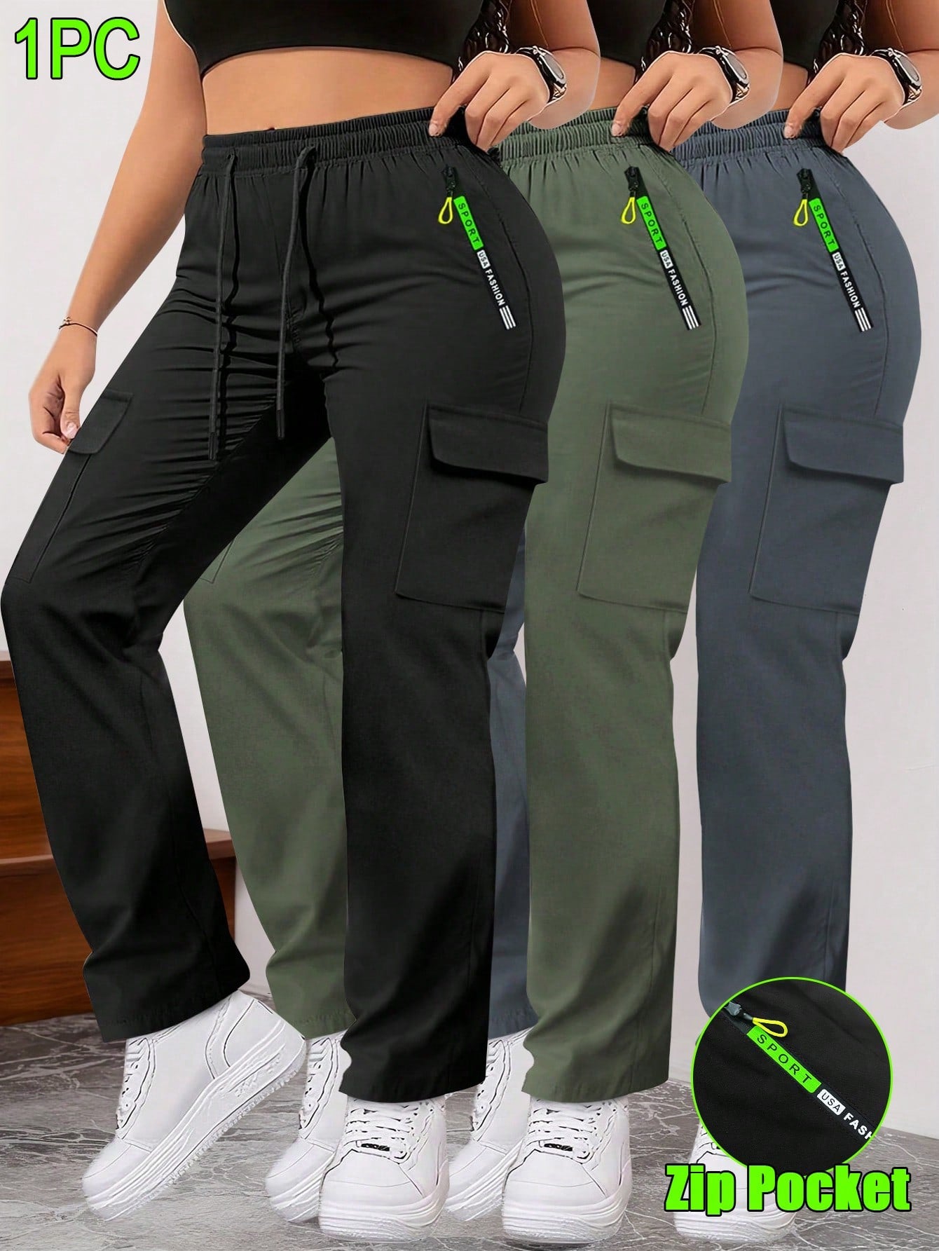 Women'S Spring/Autumn Zipper Pocket Cargo Pants, Fashionable Large Pocket Design, Drawstring Elastic Waist, Casual Outdoor/Daily Wear Slim Fit Trousers
