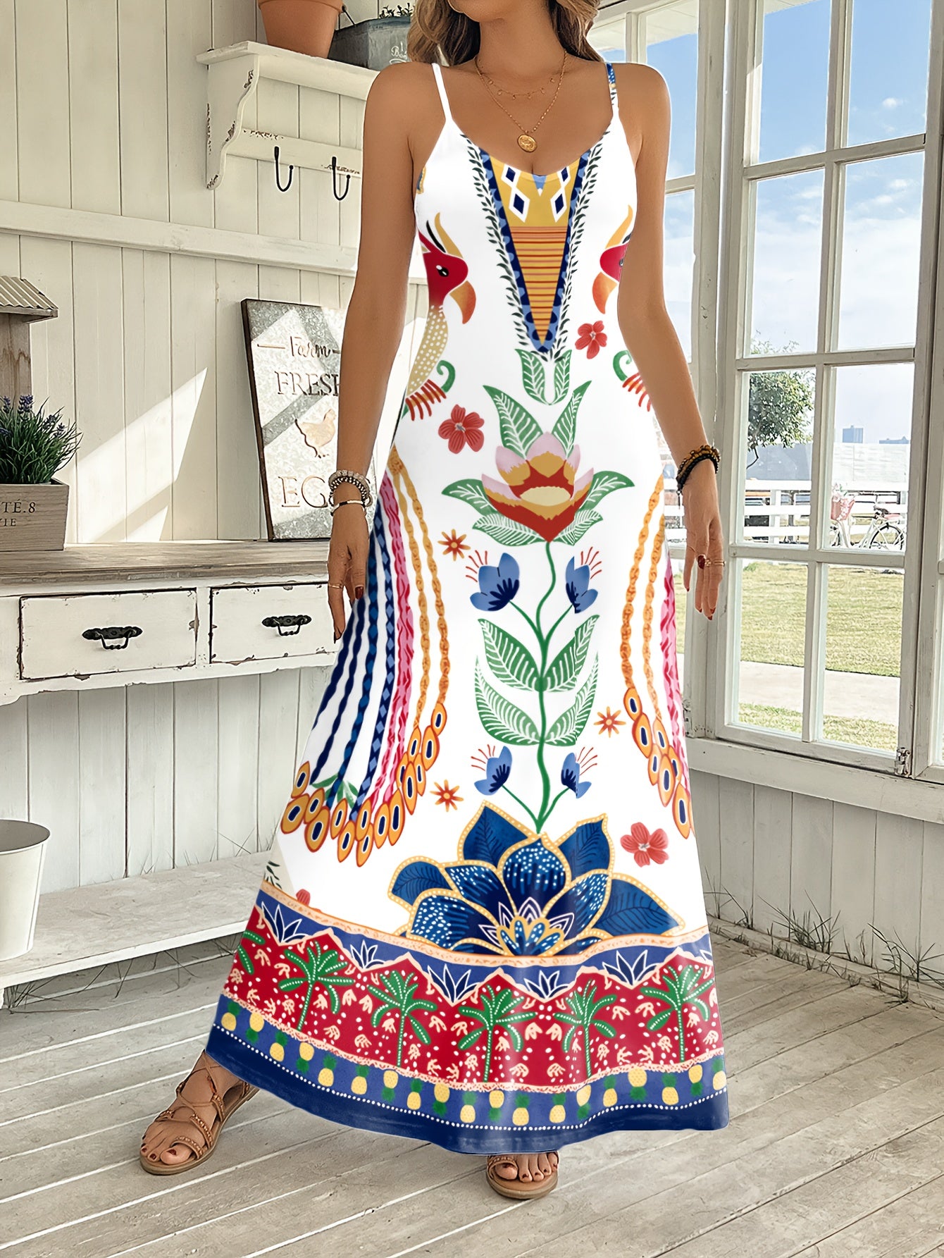 Women'S Fashion Pattern Printed Suspender Long Dress for Spring And Summer