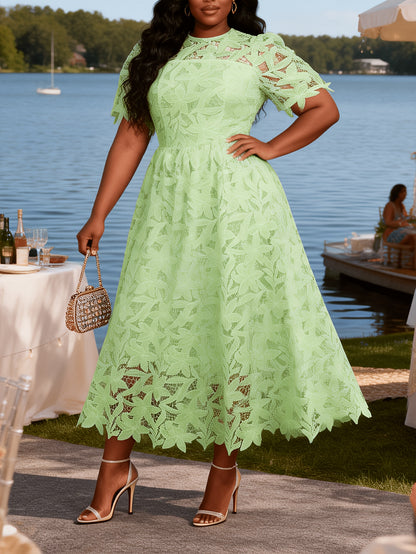 Plus Size - Plus Size - Plus Size Round Neck Lace Dress, Elegant Midi Length with Waist Definition, Formal Banquet And Evening Gown