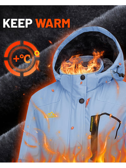 Women'S Warm Ski Jackets Winter Windproof Thermal Fleece Lined Coats Outdoor Detachable Hooded Heavy Weight Thick Jacket Camping Climbing Traveling Snowboard Windbreaker