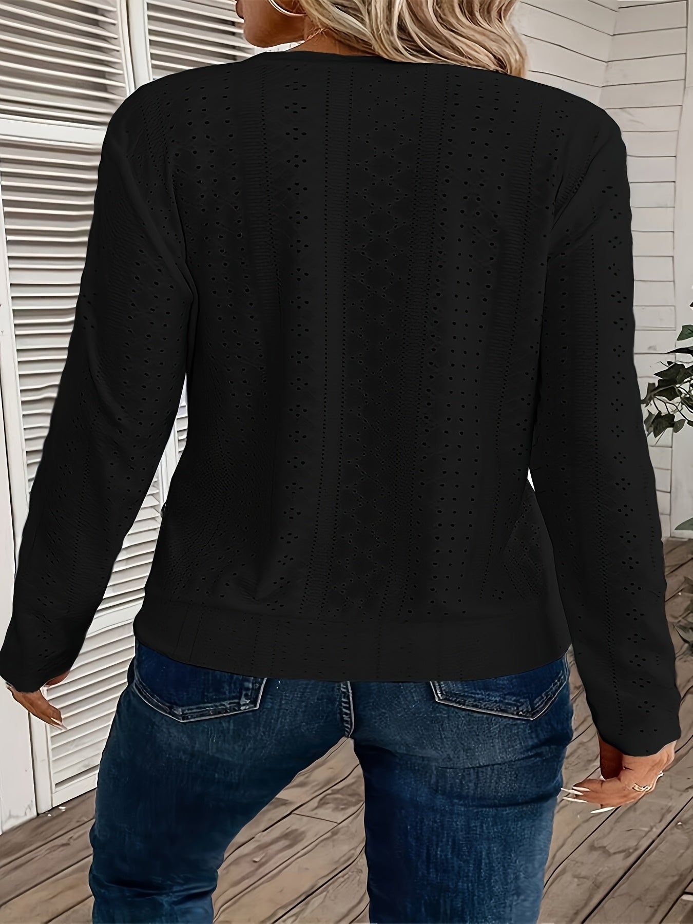 Women's Elegant Long Sleeve T-Shirt - Semi-Sheer Top with Decorative Hollow Buttons, Soft Everyday Blouse for Women, Office, Formal Events - Machine Washable All-Season Tops, Office Attire, Chic Design, Breathable Material, Versatile Topper, Casual Wear