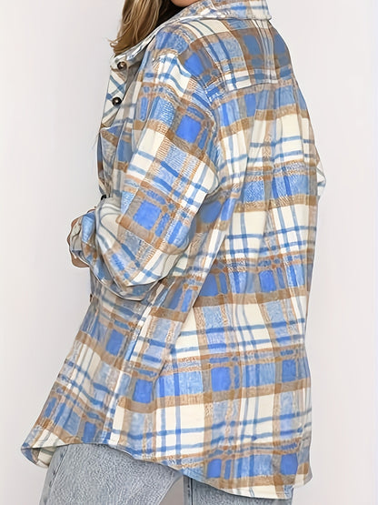 Women's Casual Flannel Plaid Shacket Button Long Sleeve Shirt Jacket Coats with Pockets