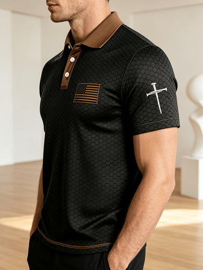 American Flag Gradient Cross Print Polo Shirt for Men's Casual Lapel Short Sleeved Patriotic Themed Commuting Top, American Flag Armband Contrasting Striped Short Sleeved Casual Business Lapel Top