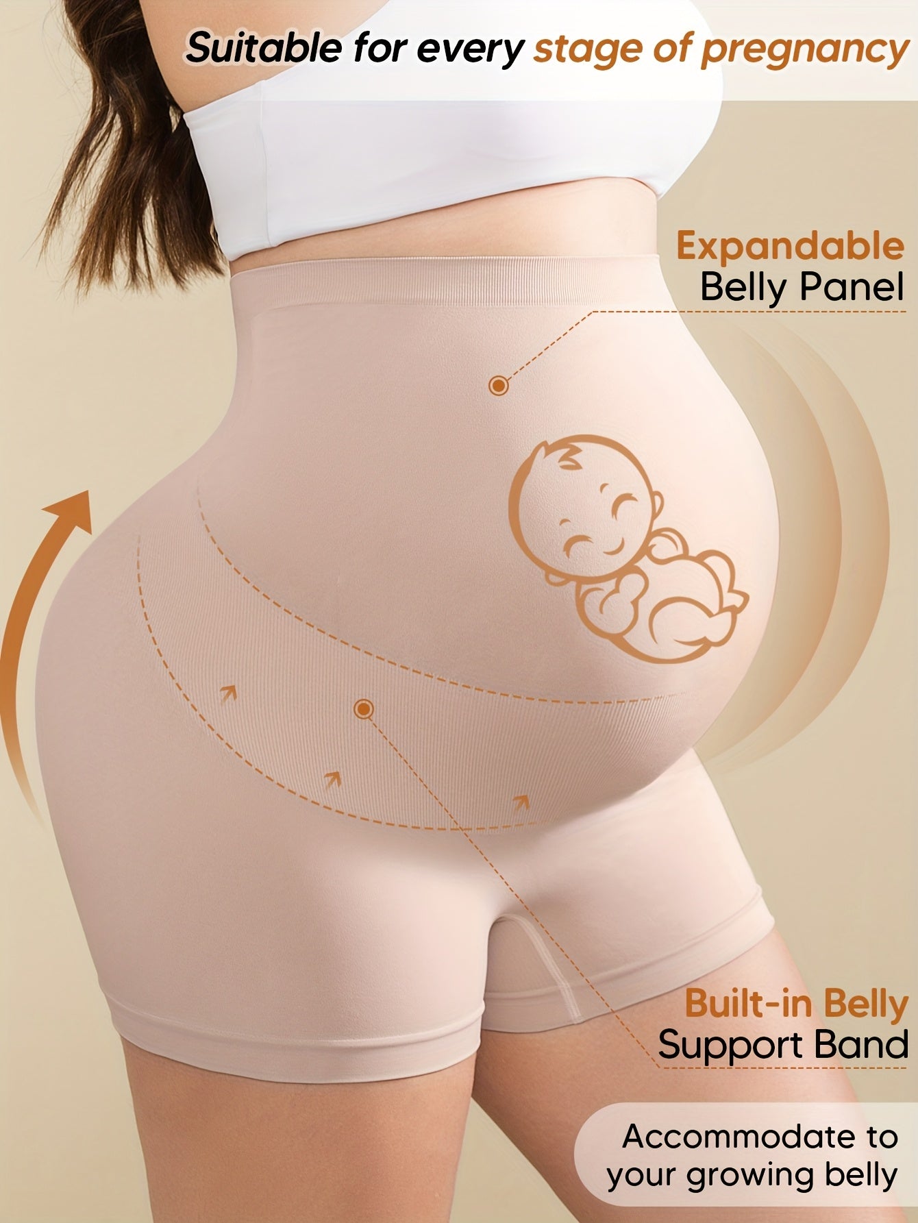 Women's High-Waist High-Stretch Belly Support Fabric with Abdominal Functionality, Ribbed Back Support Maternity Shorts, Comfortable and Breathable Suitable for the Full Pregnancy Cycle, Maternity Clothing|Breathable Fabric|Elastane Fabric