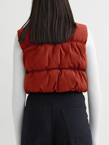 Womens Cropped Vest Zip Up Stand Collar Sleeveless Padded Cropped Vest