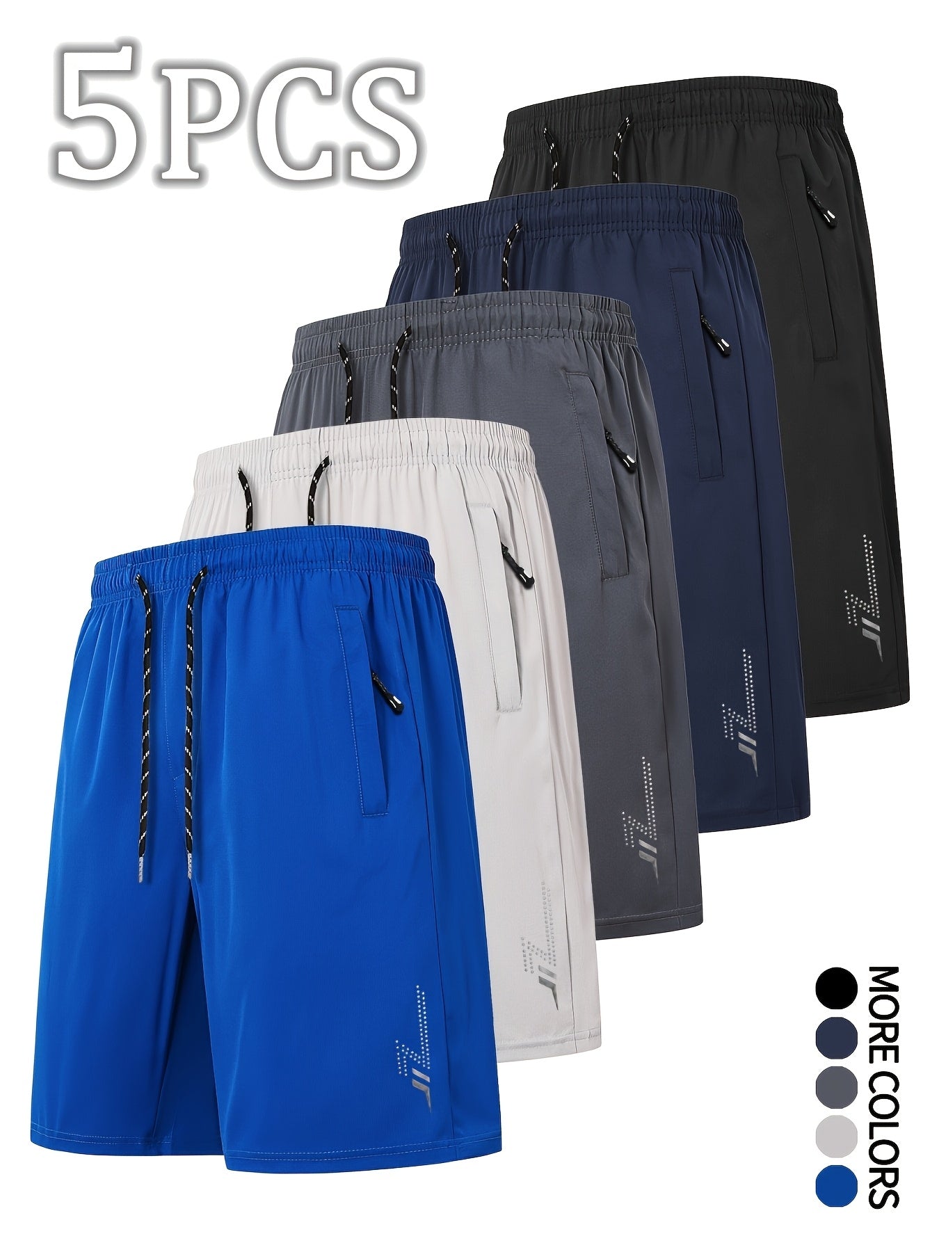 5pcs Men's Casual Sports Shorts with Hidden Zipper Pockets, Contrast Zipper, Summer Breathable Quick-Dry Fabric, for Daily Wear, Running, Basketball, Knee-Length Pants for Men, Quick-Dry Fitness Shorts for Men, Striped Waistband with Drawstring