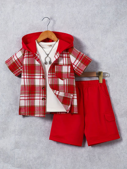 2pcs, Children's Short-sleeved Plaid Shirt Shorts Hooded Top Cardigan Fashion Casual Children's Shorts Set, Perfect for Outdoor