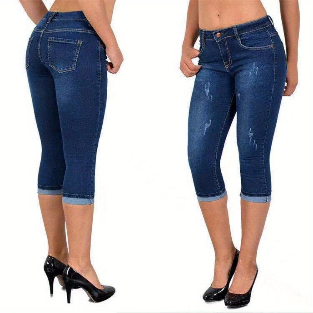 Women's Stretch Skinny Capri Jeans - Slim-Fit Cropped Denim Pants with Elastic Waistband, Street Style Summer Casual Solid Color, Machine Washable, Elastic Waist Jeans, Comfortable Fashion, Stylish Silhouette, Durable Fabric