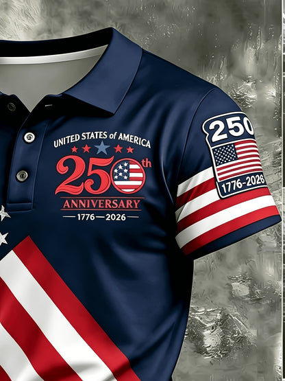 Men's US 250th Anniversary Edition Shirt with National Flag Print - Breathable Polyester Short Sleeve Collar, Machine Washable Suitable for Daily Casual Wear, Sports & Outdoor Activities, Year-Round for Athletic and Leisure