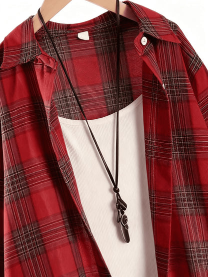 New Women's Loose Fit Mid-Length Plaid Shirt for All Seasons 2025, Versatile for Commuting, Casual Daily Wear, and Suitable for Holiday Parties and Outings