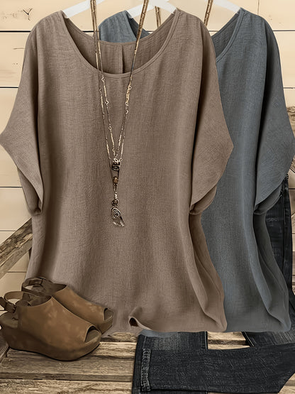 [Women'S Batwing Shirt] 2pcs, Women'S Casual Vacation Solid Color Round Neck Batwing Sleeve Shirt - No Additions Included