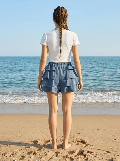 Girls' Blue Cotton Ruffle Shorts - product view 10