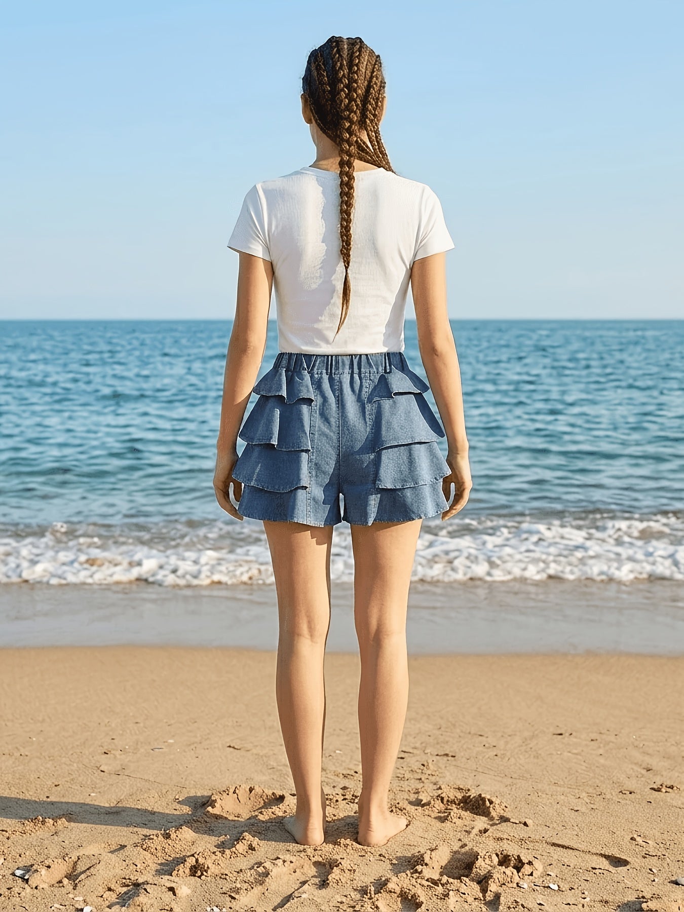 Girls' Blue Cotton Ruffle Shorts - product view 3