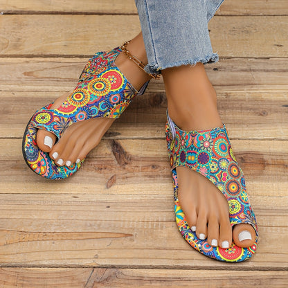 Women's Summer New Vintage Bohemian Style Beach Sandals, Toe-Grip Design Flat Sandals, Paisley Print Sandals, Women Shoes