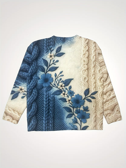 Women'S Long Sleeve Crew Neck Pullover - 3D Floral Print with Kink Cord Pattern, Gradual Change Blue/Beige Retro Style Casual Elegant Top, All-Season Comfort