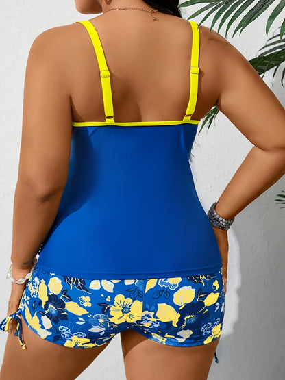 TIDALOLY Women's Plus Size Elegant Floral Print V-Neck Tank & Boxer Shorts Swimsuit Set - Stretchy Polyester/Spandex, Removable Pads, Machine Washable, Plus Size Swimsuit