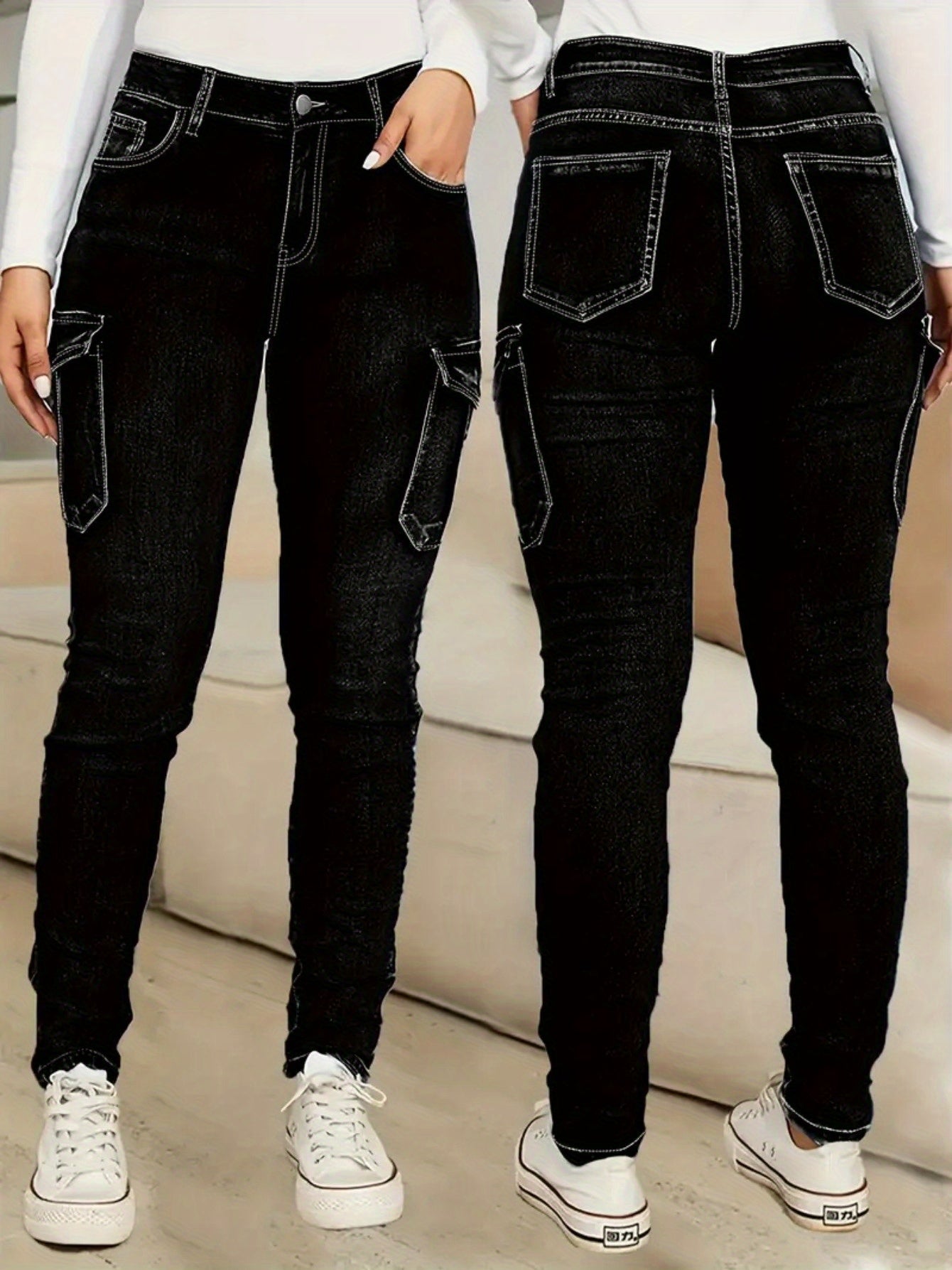 Plus Size Women'S Fashion Skinny Jeans -Comfortable Cargo Denim Pants with Side Pockets