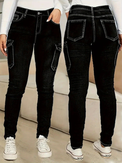 Plus Size Women'S Fashion Skinny Jeans -Comfortable Cargo Denim Pants with Side Pockets
