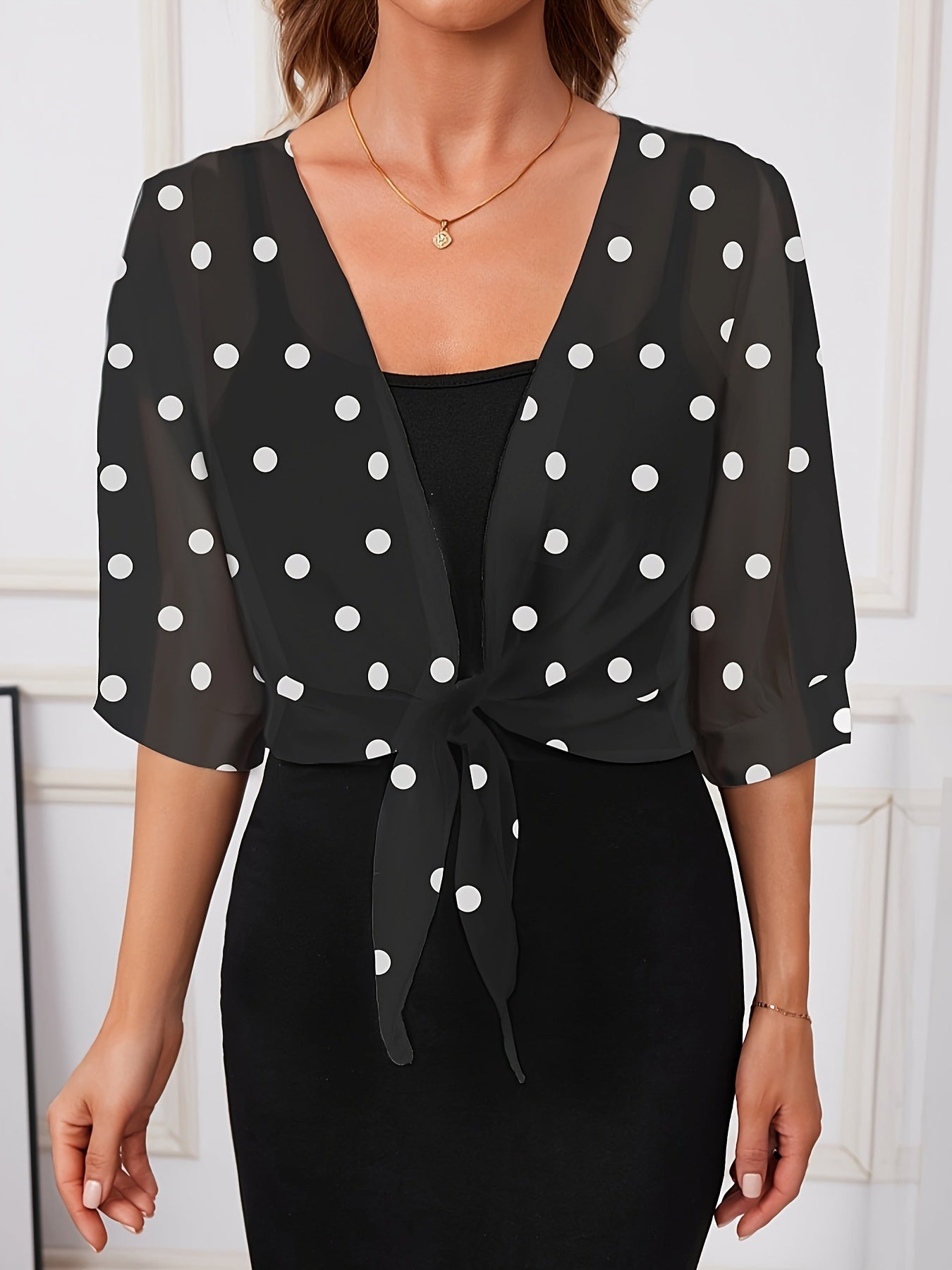 Chiffon Blouse with Polka-Dot Design, Stylish Short-Sleeve Crop Top, Women'S Apparel