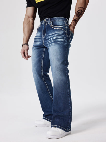 ESDVQ Men's Slim-Fit Classic Washed Denim Bell-Bottom Jeans - Mid-Stretch Machine-Washable Flared Pants with Suitable for All-Season Wear, Comfortable Stretchable Bell-Bottoms for Casual & Dressy Outfits