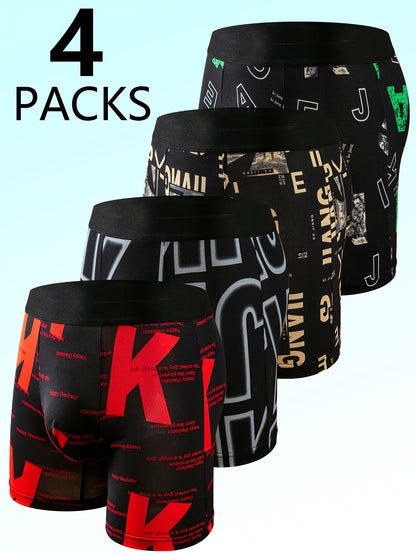 Set of 4 Men'S Long Boxer Briefs - Comfortable And Breathable Sports And Casual Underwear Featuring Lively Print Designs, with a Stretchy Elastic Waistband Made from a Suitable for Everyday Wear
