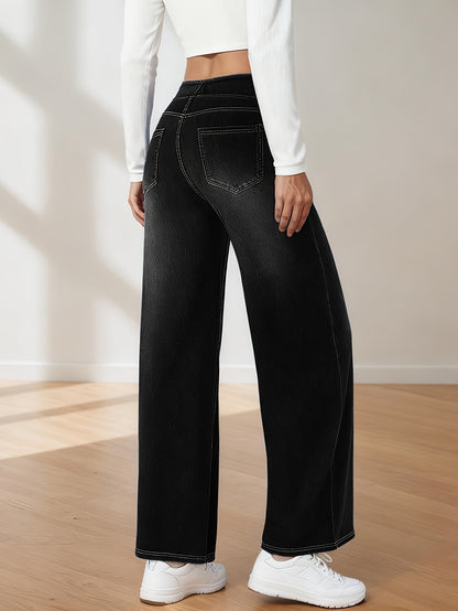 Women's Stretch Waistband Jeans High Waisted Slim Wide-Legged Jeans Loose Straight Leg Pants with Pockets Designed for All Seasons Versatile for Everyday And Formal Wear Machine Washable Women's Trendy Denim Pants for Office Wear Outdoor Jeans