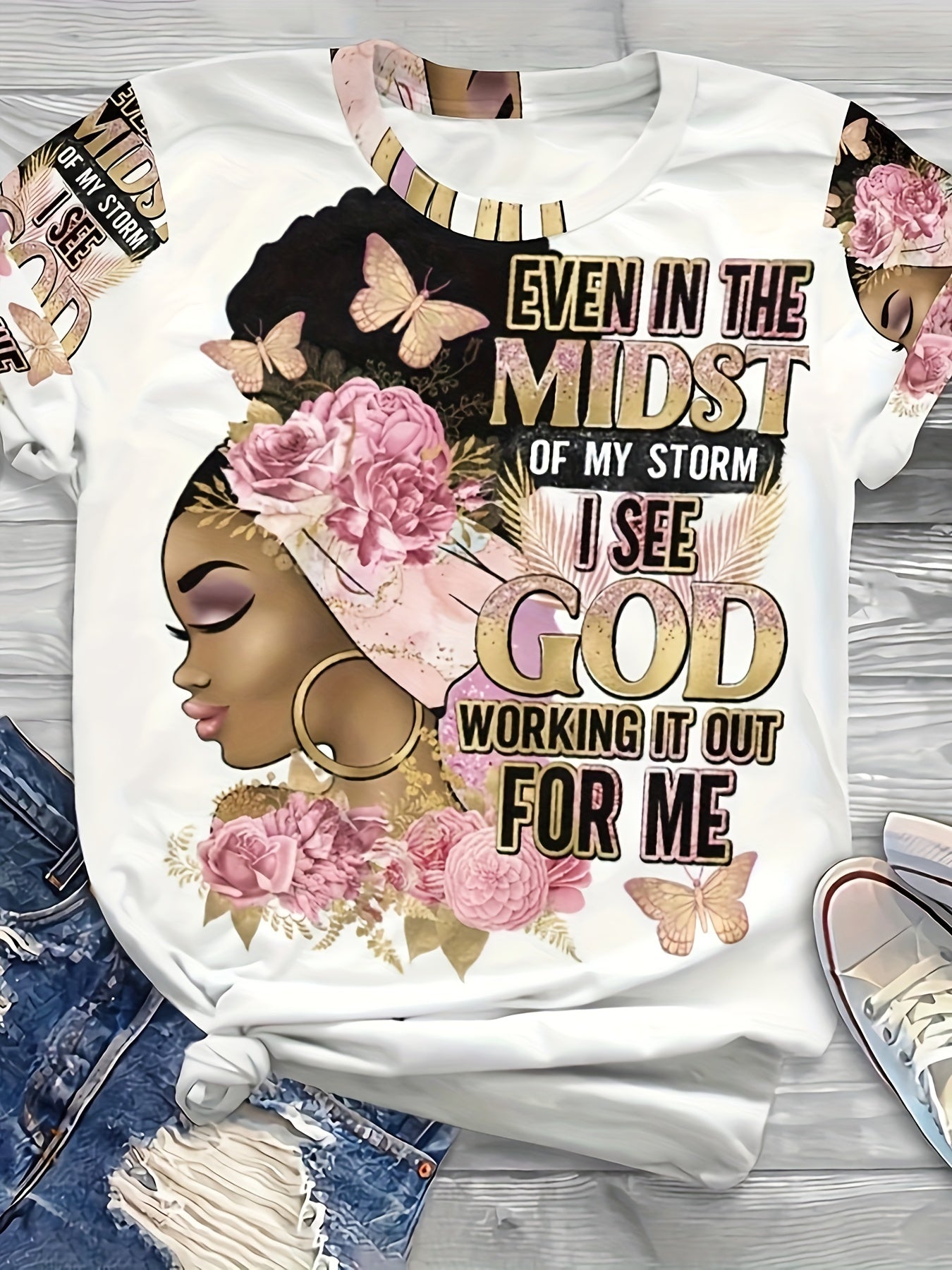 Plus Size - Plus Size, Women'S Faith-Inspired Christian T-Shirt with "Even in the Midst of My Storms I See God Working It Out for Me" Bible Verse - Soft Breathable Round Neck Short Sleeve Casual Top, Inspirational Letter Print & Floral Design for Sp