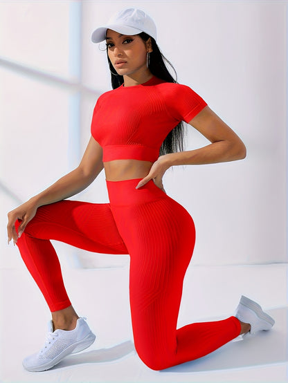 Women's 2pcs Workout Set - Yoga Top & Leggings, Crew Neck, Medium Stretch, Solid Color, All-Season Activewear, Workout