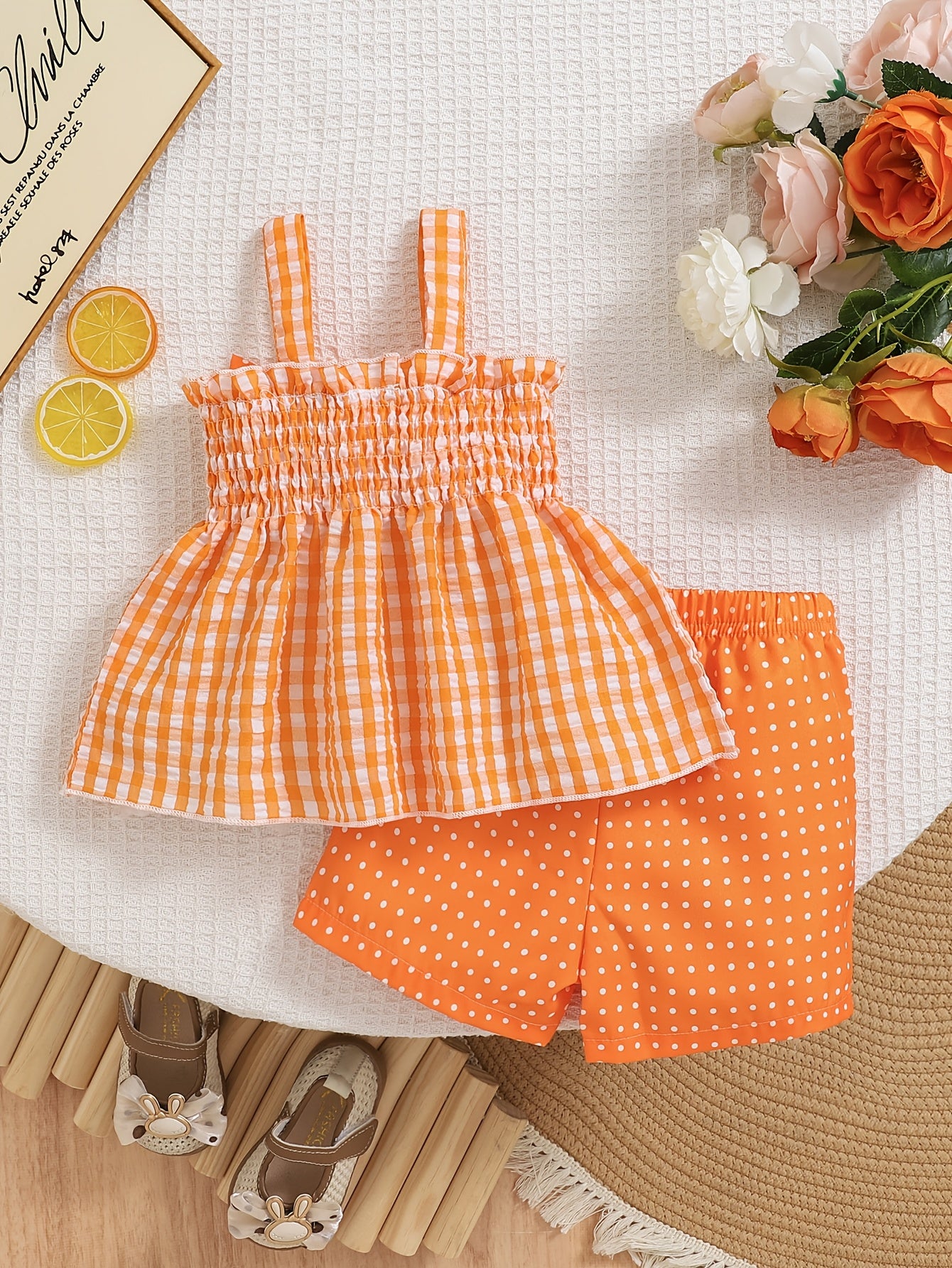 Set of 2 Girls' Outfits for Spring And Summer: a Gingham Dress with a Strawberry Print And Bow, Paired with Red Polka Dot Shorts. This Casual Set Is Machine Washable And Ideal for Toddlers, Featuring a Comfortable Spandex Design, for Outdoor