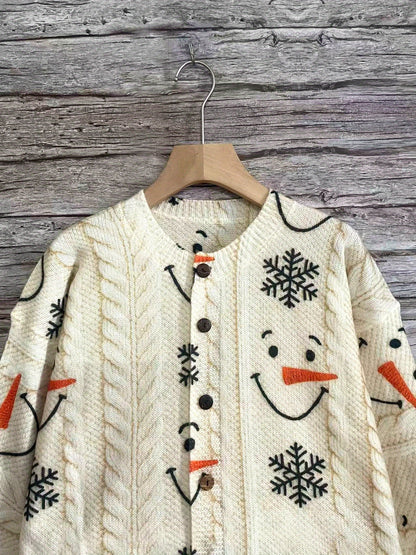 2D Printed Women's Sweater Cardigan 2026 Spring New European and American Snowman Snowflake Pattern Winter Coat Button-Up Top Fashion Trend Soft Comfortable Low Price Valentine's Day St. Patrick's Day Gift