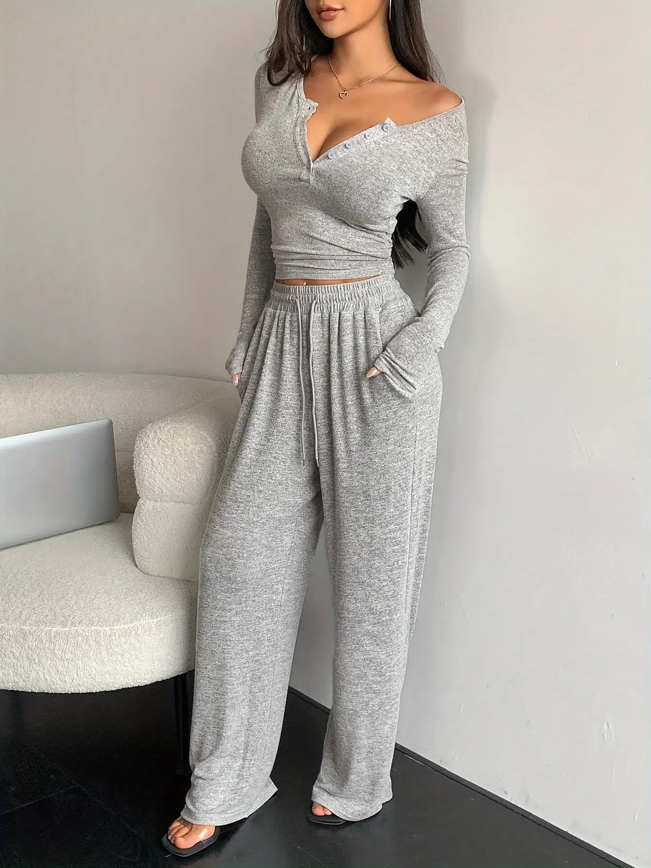 Casual And Comfortable Gray Pajamas And Pants, 2pcs Set of Women'S Spring Autumn Winter Long Sleeve Open Top Pajamas, V-Neck Button-Up Top And Wide Leg Pants Design, Suitable for Home Leisure And Daily Street Scenes