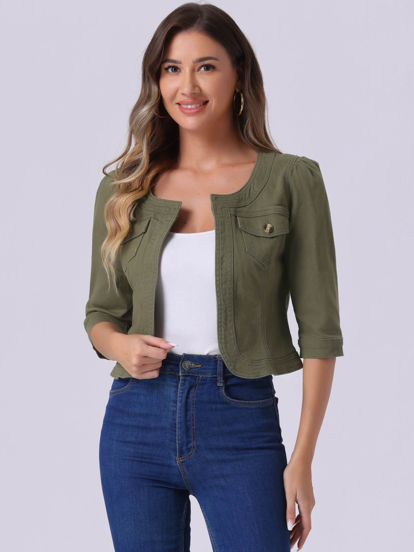 Denim Jacket for Women' S Collarless 2025 Cardigan 3/4 Sleeve Crop Jean Jackets