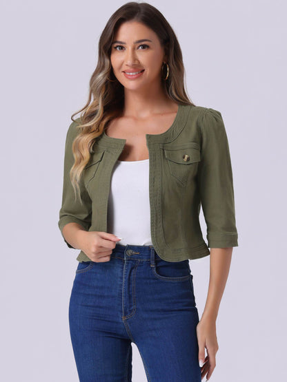 Denim Jacket for Women' S Collarless 2025 Cardigan 3/4 Sleeve Crop Jean Jackets
