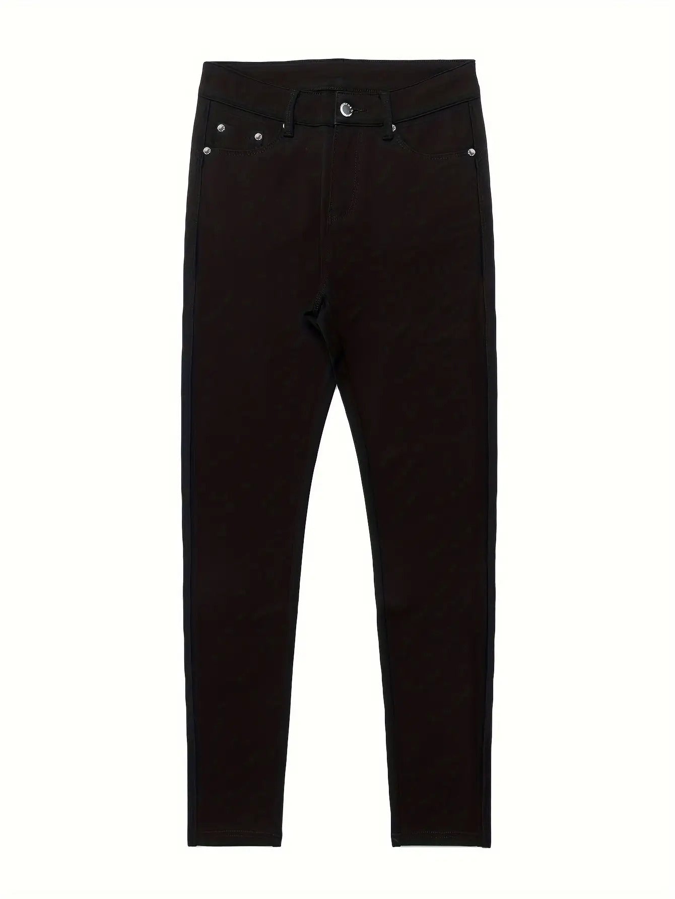 Women's High-Waisted Stretchy Street Style Solid Black Slim-Fit Jeans with Metal Button Details