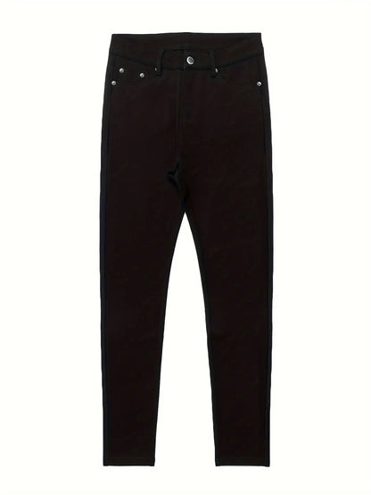 Women's High-Waisted Stretchy Street Style Solid Black Slim-Fit Jeans with Metal Button Details