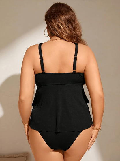 Unyooke Plus Size Black Tankini Set for Women - Elegant Halter Neck with Keyhole & Ruffle Detail, Stretchy Polyester Fabric, Removable Pads, Knit Weave - Perfect for Swimwear