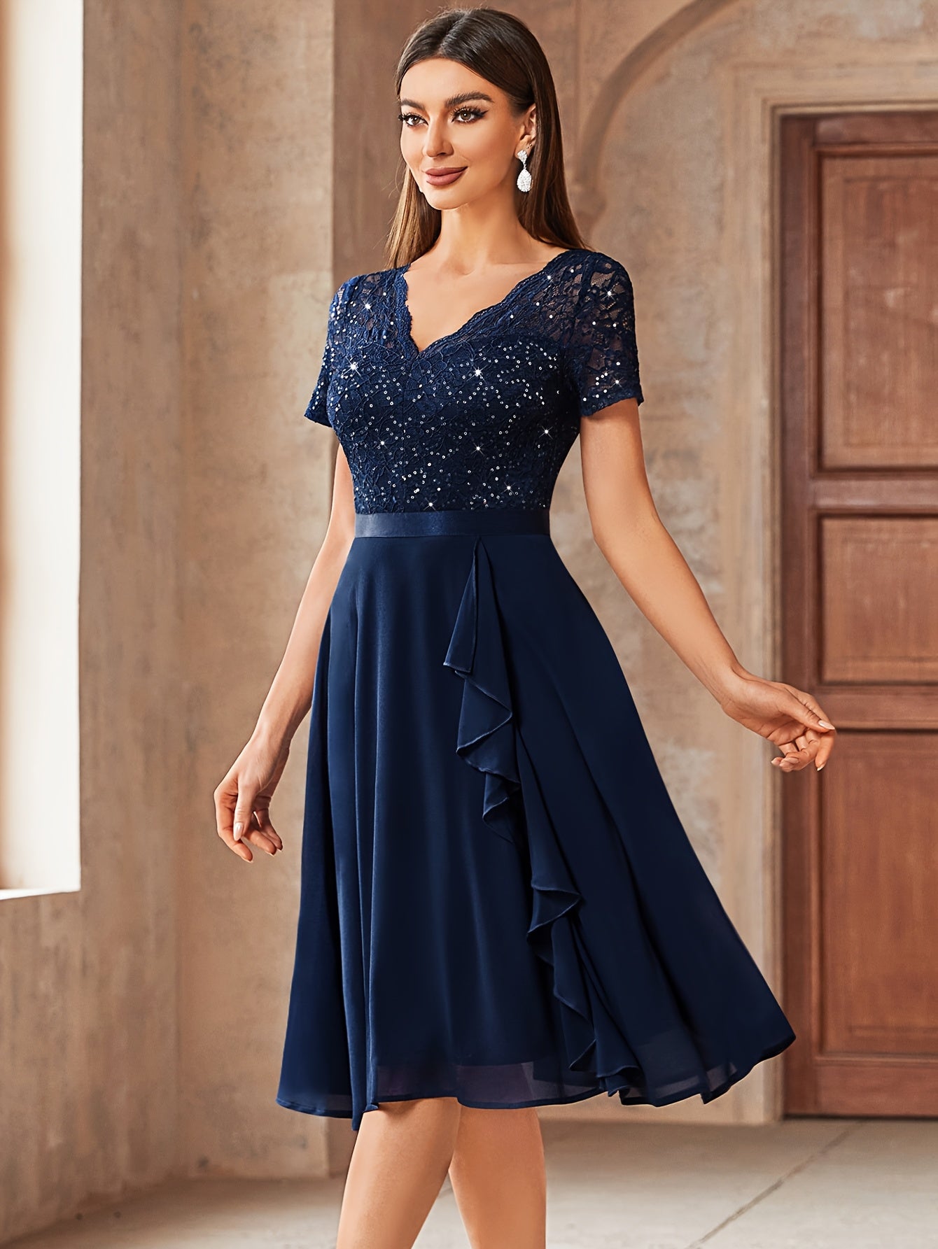 24224 Elegant Womens Sequin Lace Chiffon A Line Bridesmaid Dress, V Neck Short Sleeves, Ruched Ruffle Hem, Perfect for Graduation Season, Wedding Season, Summer Wedding Guest, Evening Party, Cruise Party And Birthday Celebration