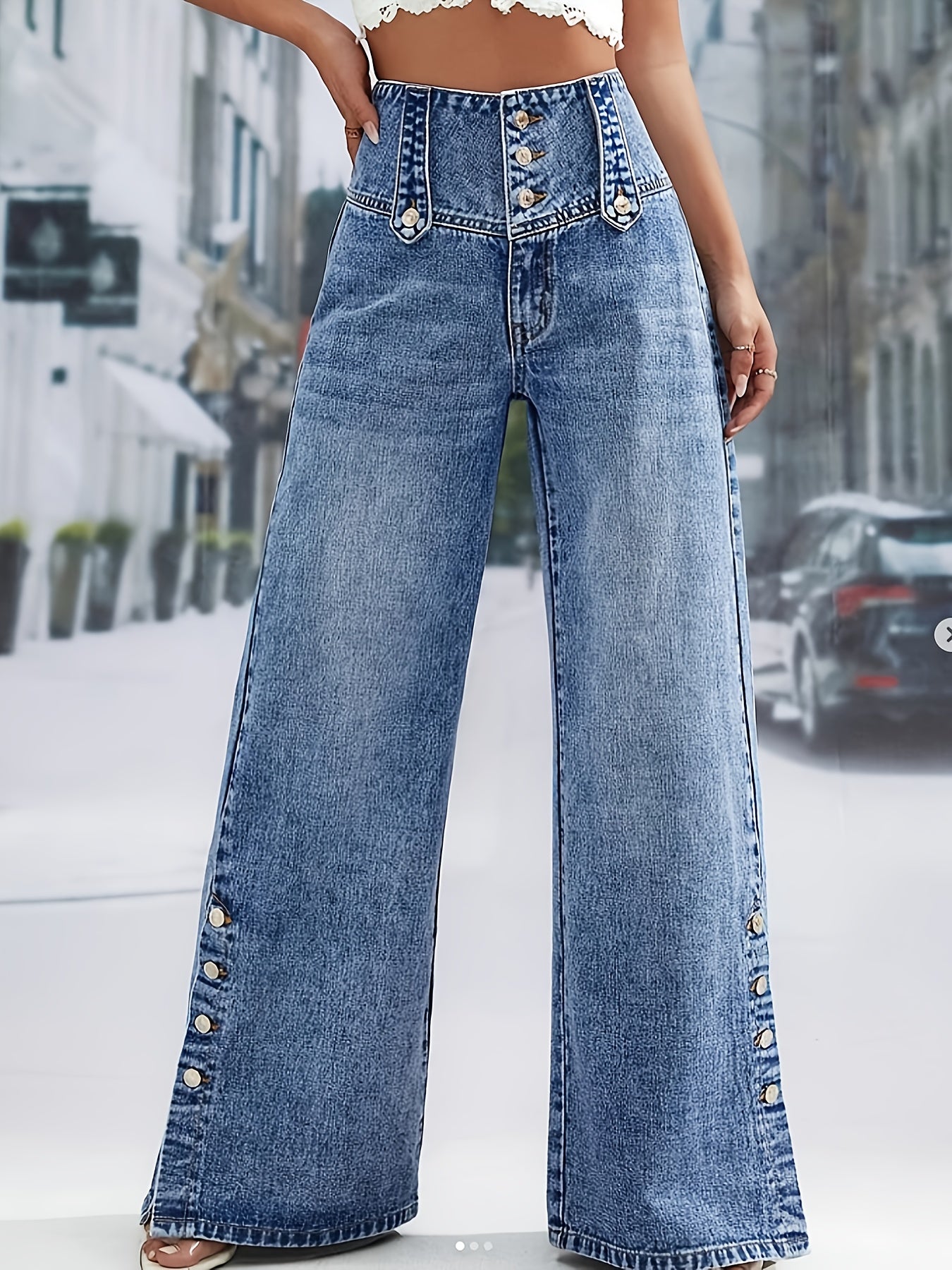 Women'S Light Blue Denim with a High Waist And Snowflake Pattern, Featuring a Buckle Design, Snap Boot Pant Legs, And a Straight, Loose Wide-Leg Cut. This Stylish Casual Outfit Is Perfect for Weekdays And Weekend Shopping, Machine Washable