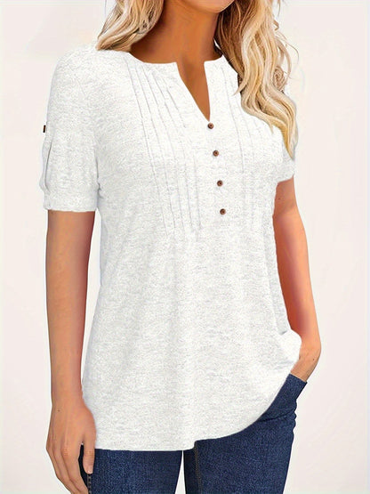 Casual Short-Sleeve Blouse for Women with a Solid Color, Featuring a Pleated Design, Buttoned V-Neck, And a Zipper