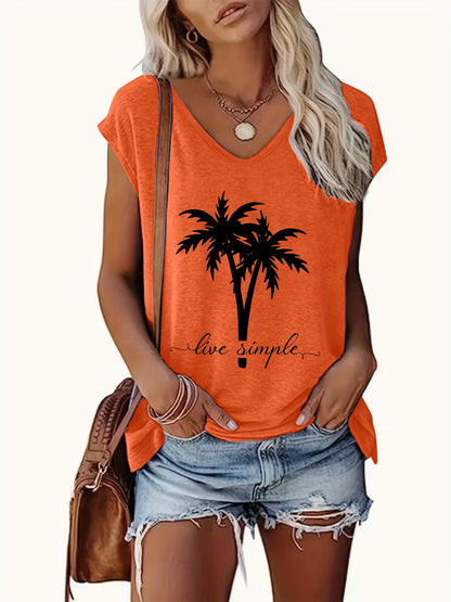 Loose Fit V-neck Short Sleeve T-shirt, Geometric Palm Tree Design- Summer Casual Top, Machine Washable