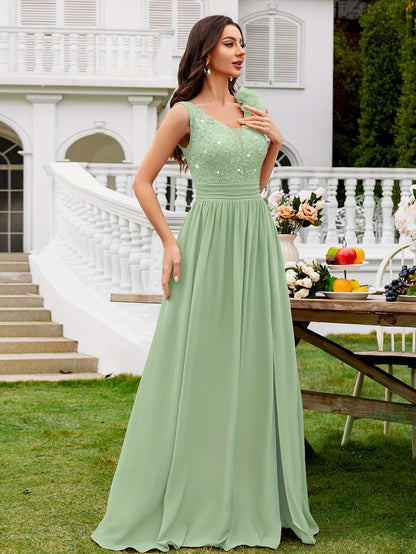 24451A Elegant Womens Mesh Deep V Neck Sequin Lace Maxi Dress, Sleeveless Applique Shoulder, Back V Neck, Ruched A Line Waist, High Thigh Slit Hem, Perfect For Formal Wedding Guest, Prom, Bridesmaid Party, Graduation Season, Wedding Season