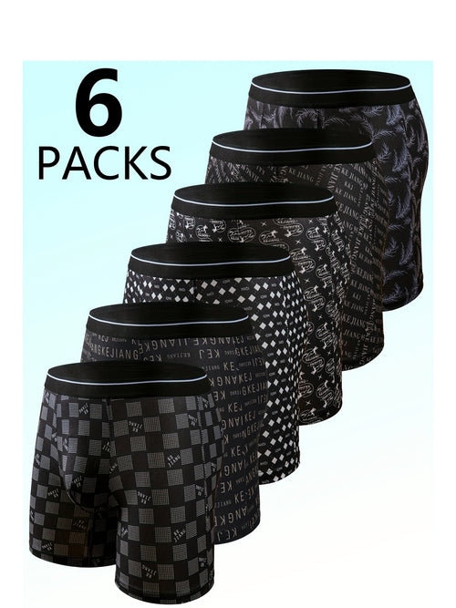 6pcs Men's Stretchy Boxer Briefs - Breathable & Comfortable, Black & White Print Polyester Blend, Elastic Waistband, Perfect for Sports & Casual Attire