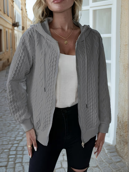 Women'S Casual Solid Zip-Up Hoodie - Fashionable Fall/Winter Long-Sleeve Outerwear, White Bomber Design, Textured Details, Casual Hoodie | Fashionable Zip-Up | Textured Detail Jacket