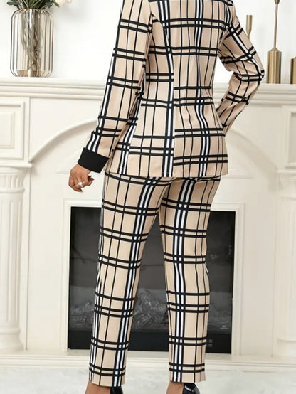 Retro Khaki & Black Plaid Suit Set with Contrast Collar & Cropped Pants, Essential for Year - Round Office & Business Events